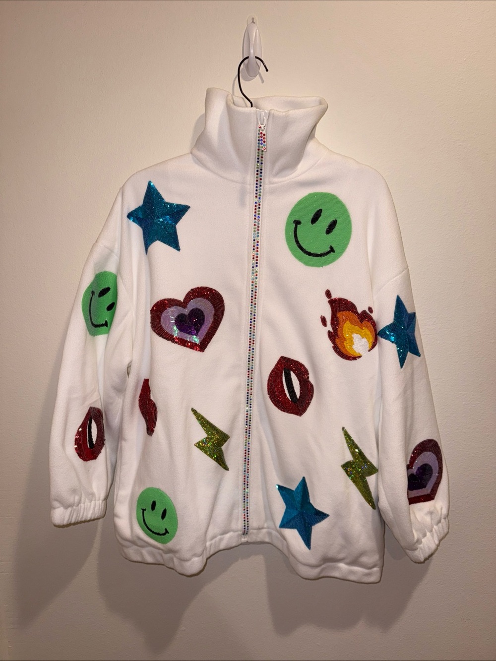 QUEEN OF SPARKLES White Zip-Up Jacket with Colorful Glitter Patches